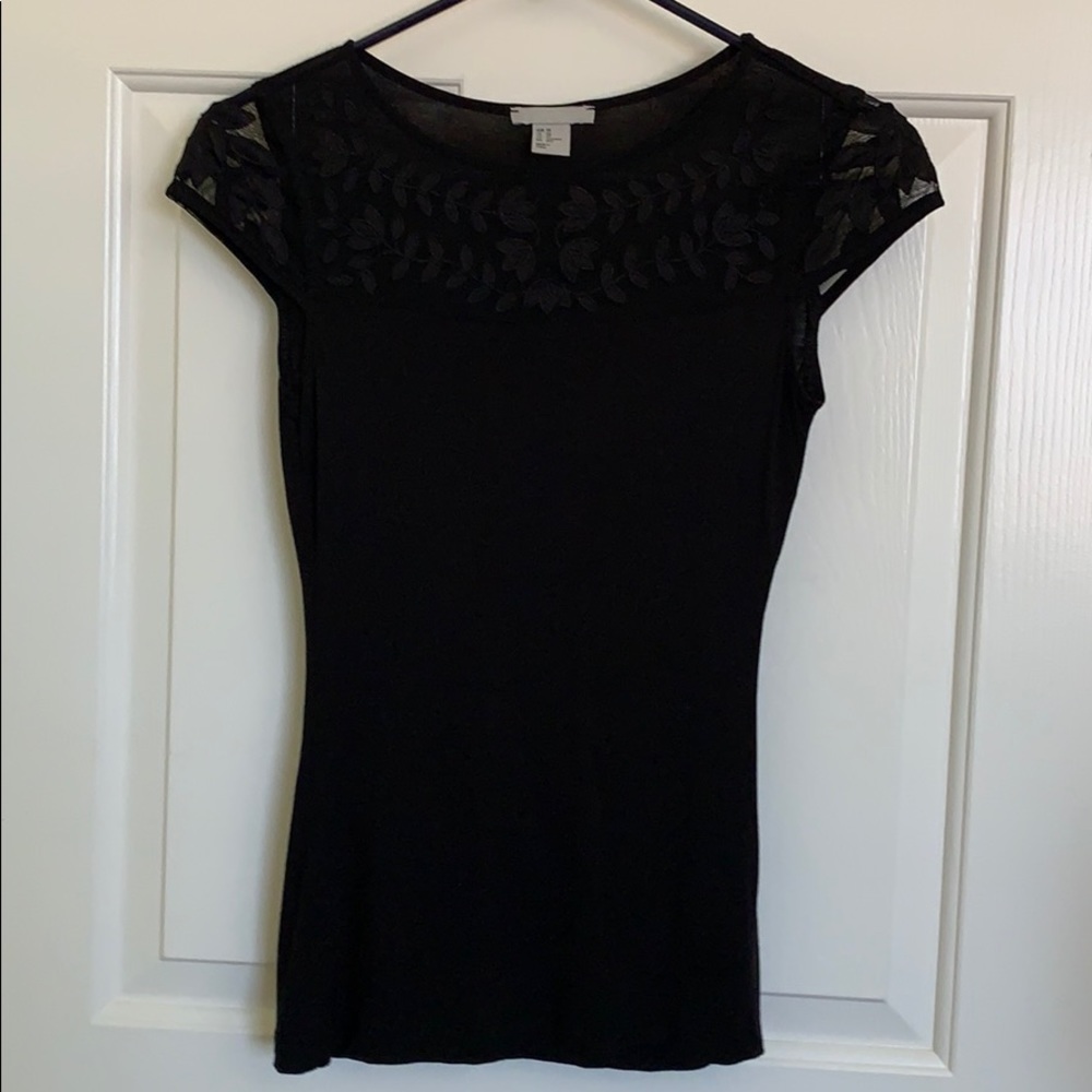 H&M Black T-Shirt Top XS Mesh Embroidery